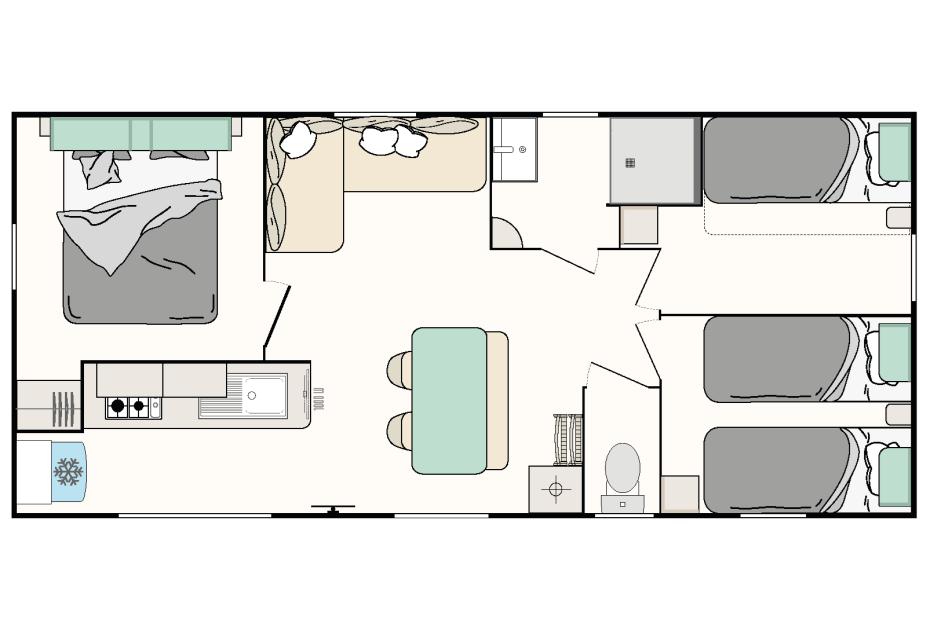 Pianta di una casa mobile con due camere da letto e cucina.