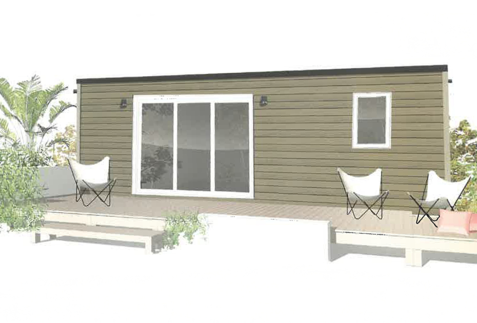 Piccola casa moderna con veranda, sedie e piante, design minimalista e accogliente.