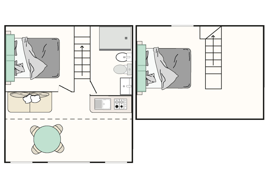 Appartamento su due piani con cucina, soggiorno, bagno e due camere da letto.